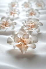 Elegant white flowers made of delicate material arranged on a textured surface