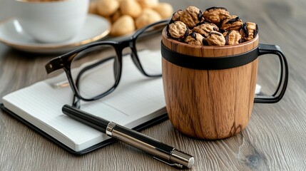 Wooden mug filled with nuts, beside glasses, notebook, and pen on a wooden surface.  A cup of coffee and cookies in the background