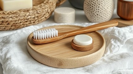 Wooden toothbrush and toothpaste on a round wooden tray, surrounded by natural products