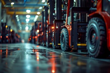 Forklifts Lined Up Inside a Factory Warehouse Logistics Concept Heavy Industry Delivery Vehicles