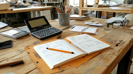 Wooden workbench with open notebook, sketches, calculator, and office supplies