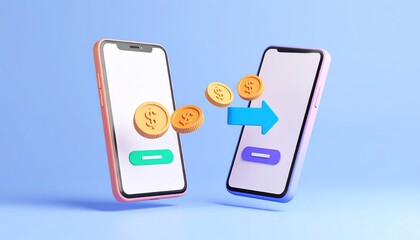Two smartphones with coins coming out of each device representing the concept of digital payments and currency exchange