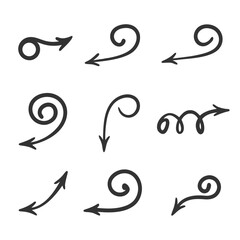 Hand-Drawn Curly Arrow Icon Vector Set.