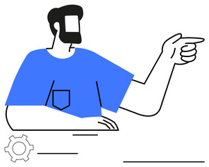 Person with beard, blue shirt, and outstretched pointing hand in geometric style. Ideal for guidance, instructions, leadership, direction, navigation decision-making teamwork. Flat simple metaphor