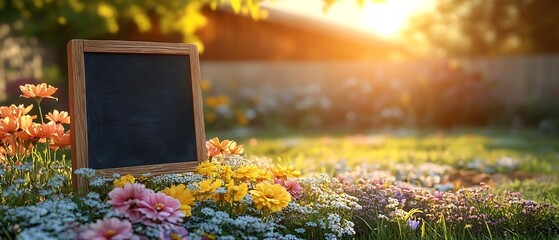 Garden sunset, blank sign, flowers