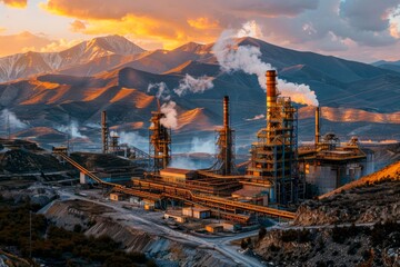 Dramatic Industrial Landscape at Golden Hour A Scene of Environmental Concern and Human Impact