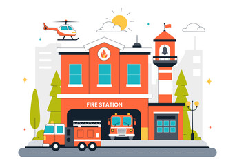 Fire Station Building Vector Illustration Featuring a Department and Fire Engine Car with Firefighters in a Flat Style Cartoon Background
