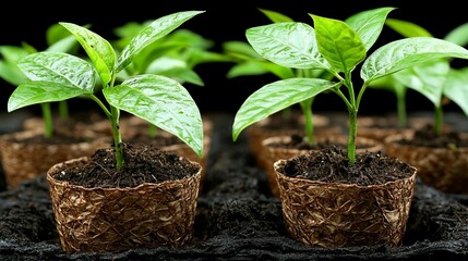 Young plants in small pots, vibrant green leaves, dark soil