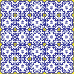 Ceramic tile in talavera style with mosaic pattern, blue, white, yellow colors. Traditional Portuguese, Sicilian, Vintage pattern for ceramic tile, wallpaper, linoleum, textile, web page background