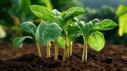 Young spinach plants sprouting from soil, glistening with dew