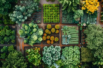 Aerial View of Beautiful Community Garden with Various Plants Flowers and Healthy Vegetables