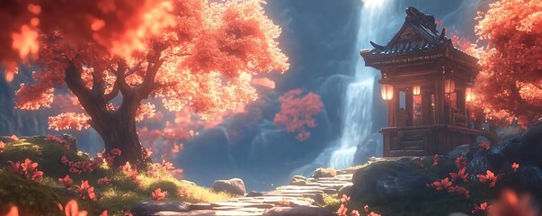 Autumn Waterfall Temple Path. Game Background
