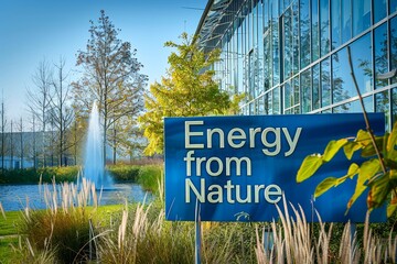 Fototapeta premium Renewable Energy Sources for Sustainable Future Green Building Water Fountain Eco Friendly Design Concept