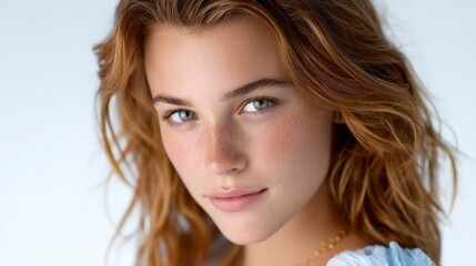 Naklejka premium Beautiful Woman Portrait Freckles Blonde Hair Closeup Soft Lighting Natural Beauty S