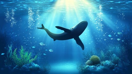 67.Underwater landscape. Seaweed and reef, fish shoal, whale and manta, turtle or marlin silhouettes in an ocean. Vector background with sea vegetation and animals. Water life, Aquatic marine