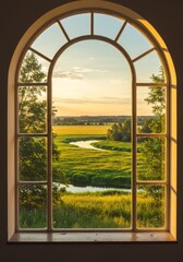 Photo of Scenic Landscape Viewed Through a Wooden Window at Sunset