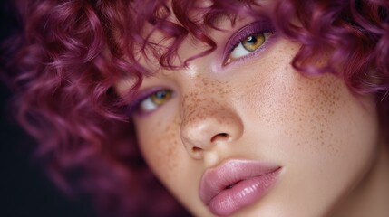 Close up Portrait Freckles Purple Hair Makeup Beauty Fashion Woman Girl Model