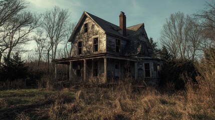 Obraz premium Forgotten Homestead: An Abandoned House Slowly Reclaimed by Nature's Embrace