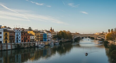 Obraz premium Photo of Seville Spain Cityscape with Colorful Buildings River Bridge and Sky