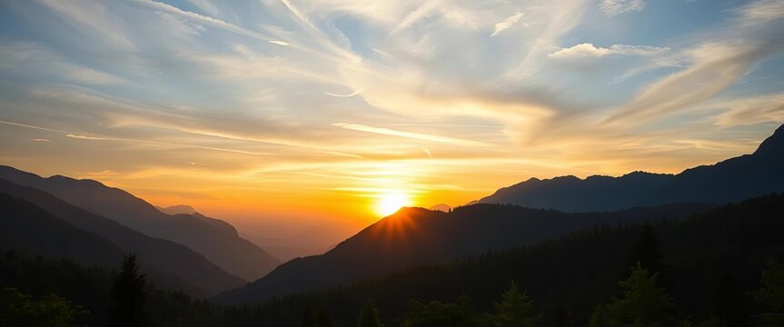 Misty sunrise over majestic mountain range, lush green trees in valley below,  ecology,  blue