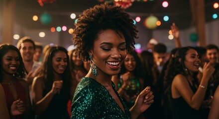 Photo of Smiling Black Woman Dancing in a Festive Nighttime Party with Friends