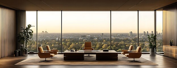 Luxury office, city view, sunset