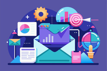 Business person interacting with a futuristic digital marketing interface, showcasing online advertising analytics, data charts, email marketing, and campaign performance metrics on a virtual screen. 