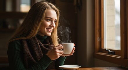 Photo Of Smiling Woman Holding Coffee Cup Near Window Enjoying Morning