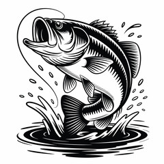 Black and White Illustration of a Jumping Bass Fish with Line