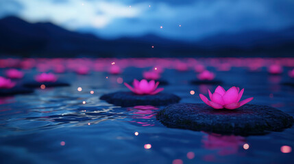 Serene Pink Water Lilies Floating on Calm Water Surface at Dusk with Magical Glow and Dreamy Landscape Background