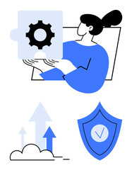 Person holding gear puzzle piece representing problem-solving, upward arrows symbolizing growth, and shield with checkmark signifying security. Ideal for teamwork, innovation, growth