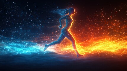 Energetic female runner embodying digital avatar in dynamic motion against vibrant duality background