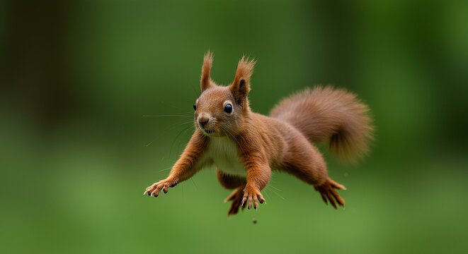 Red squirrel mid-air leap in lush green forest setting nature wildlife