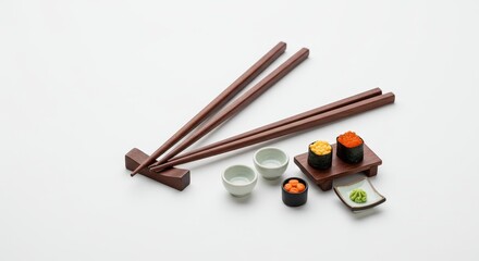 Photo of Sushi with Wooden Chopsticks and Small Bowls on White