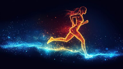 Energetic abstract woman in motion glowing with digital sparks running in dark backdrop