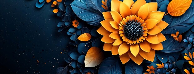 Orange flower, blue leaves, dark background