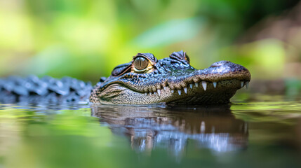 Obraz premium Close-Up of a Crocodile Head Emerging from Water Surrounded by Lush Greenery in a Natural Habitat, Showcasing Sharp Teeth and Unique Features