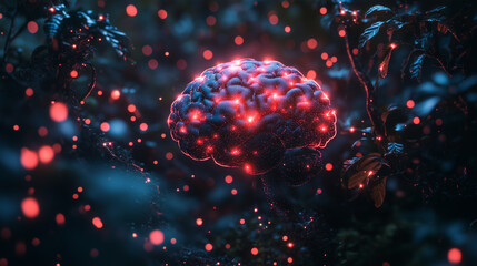 A dark, ethereal image depicts a glowing, three-dimensional brain seemingly floating amidst a nighttime forest. Red sparks and lights emanate from both the brain and the foliage.
