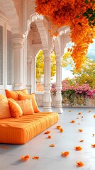Orange couch, autumn balcony, flowers, relaxation