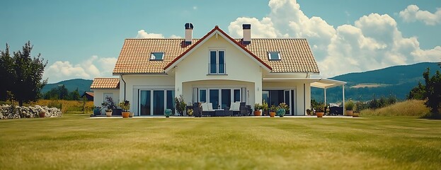 Hillside home, sunny day, green lawn