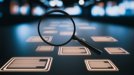 Decoding Digital Data: A magnifying glass hovers above a series of illuminated panels, symbolizing the process of data analysis, examination, and exploration of information