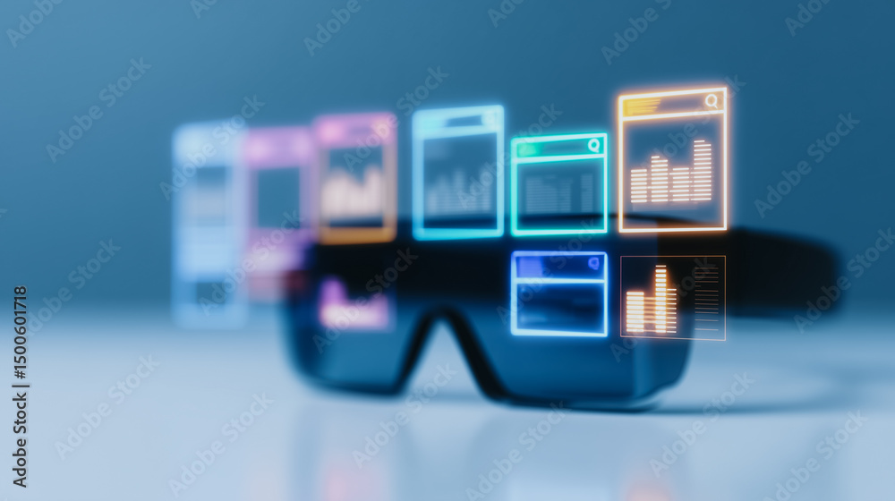 Poster augmented reality spectacles: futuristic spectacles with overlaid digital information, displaying da