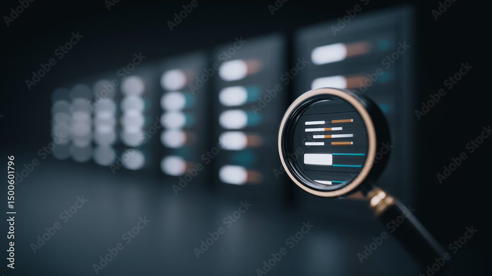 Poster data analysis in focus: a magnifying glass highlights data analysis with server data racks in the ba