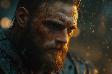 Intense close-up of a rugged warrior with a beard, rain-soaked, amidst a dramatic background