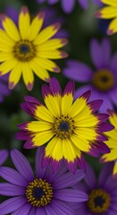 Obraz premium Photo of Vibrant Yellow and Purple Daisies Blooming in Soft Focus Background