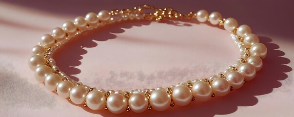 Pearl necklace, pink background, sunlight. Jewelry photoshoot