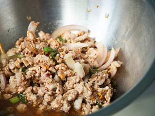 Thai Larb, spicy minced pork salad