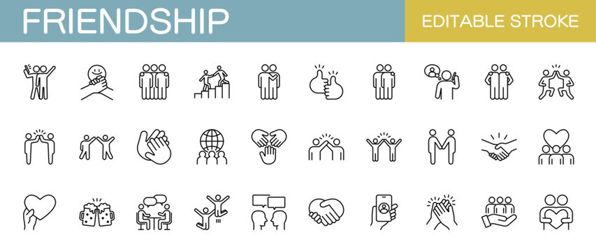 Friendship line icons set. Friends, community, communication and teamwork. Editable stroke. Vector illustration