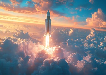 Rocket launch through clouds at sunset