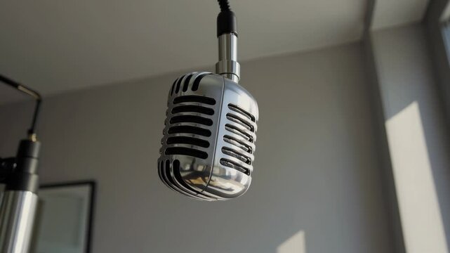 Vintage microphone hanging in recording studio